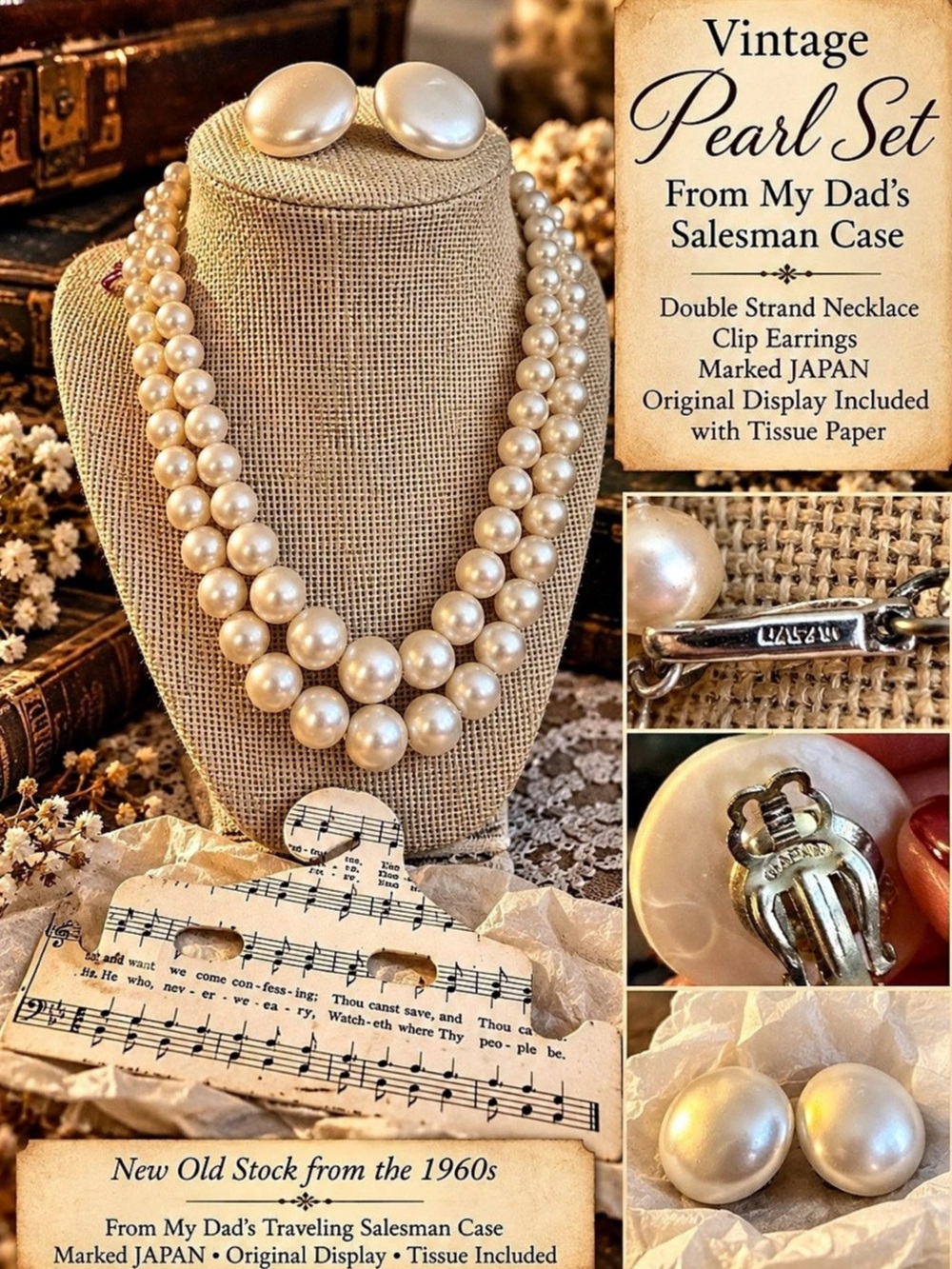 Vintage Marked Japan Faux Pearl Double Strand Necklace | Clip Earrings Set NOS